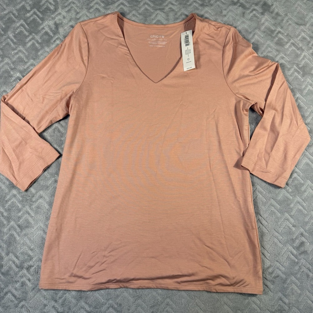 Chico's Ultimate Tee T-Shirt Size Small (0) Bella Pink 3/4 Sleeve V-Neck Top NWT